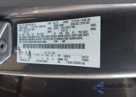 2014 Ford Escape Se z USA, uszkodzony, nr VIN 1FMCU9GX4EUD21480